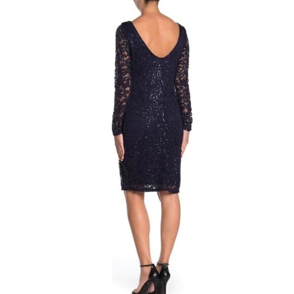 MARINA Navy blue Longsleeve Sequin Sheath Cocktail Dress Low Back Size ~ S - Picture 3 of 10